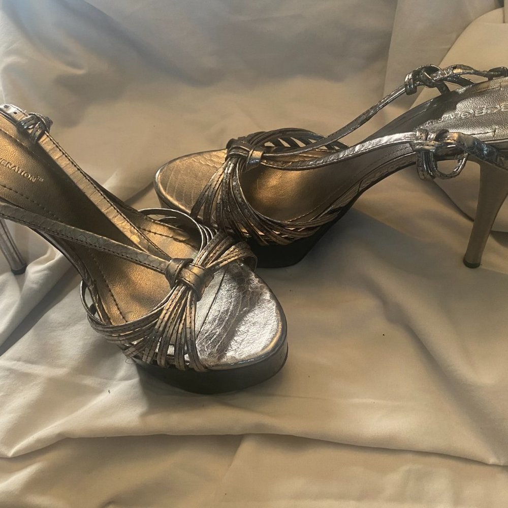 BCBGeneration Silver Strappy Heels;  8.5;